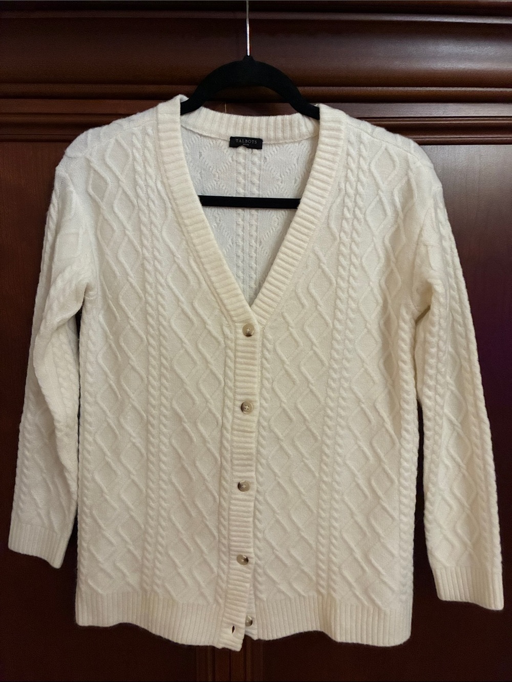 Talbots Ivory Cable Knit V-Neck Button Cardigan